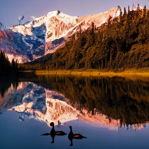 Image similar to photo of two black swans touching heads in a beautiful reflective mountain lake, a colorful hot air balloon is flying above the swans, hot air balloon, intricate, 8k highly professionally detailed, HDR, CGsociety