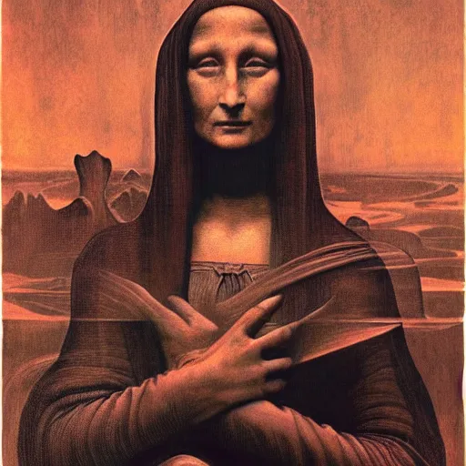 Prompt: beksinski, zdzisław - mona lisa in the style of giger, h. r. by beksinski, zdzisław and giger, h. r.