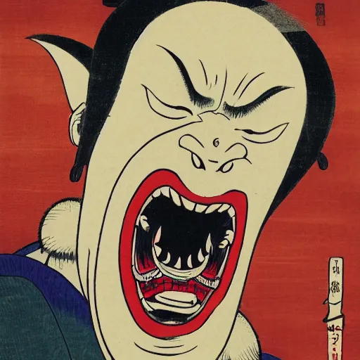Prompt: giant head of a japanese oni demon, front view, long shot, face is red, teeth are visible, eyes looking down, Ukiyo-e woodblock painting by hokusai, megalophobia, high-quality art, polished, 8k