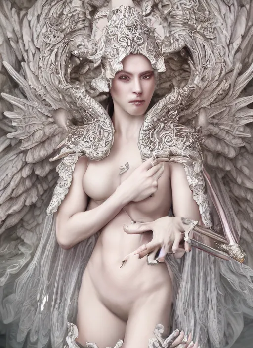 Prompt: high intricate porcelain baroque stunning woman body sensual angelic warrior fighting the army of the demon lord, 8 k, glitter skin very white hyperrealistic hyperdetailed pastel maria panfilova, andrea savchenko, sensual mike kime, ludovic plouffe, qi sheng luo, oliver cook, trending on artstation