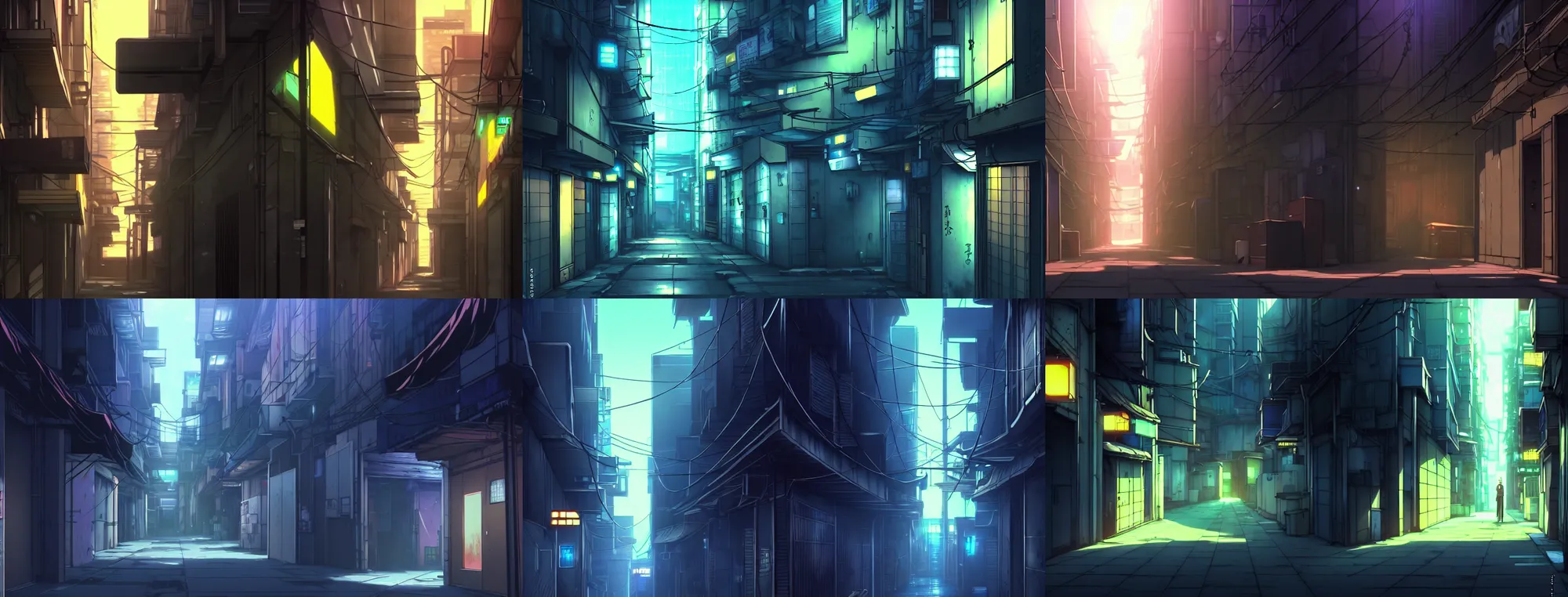 Prompt: anime background art matte painting close up of a city alleyway in the atmospheric cyberpunk anime film, clean lines, at night with lights, by makoto shinkai, in the anime series ergo proxy