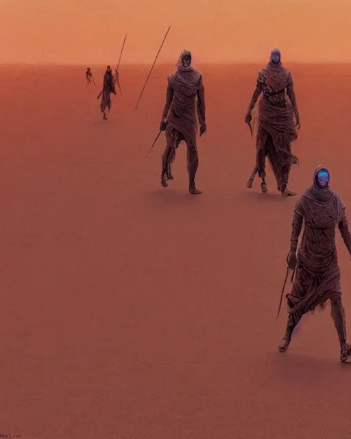 Image similar to group of fremen walking through the desert, retrofuturism sci - fi old movie, highly detailed, photorealistic, 8 k, by beksinski and stalenhag