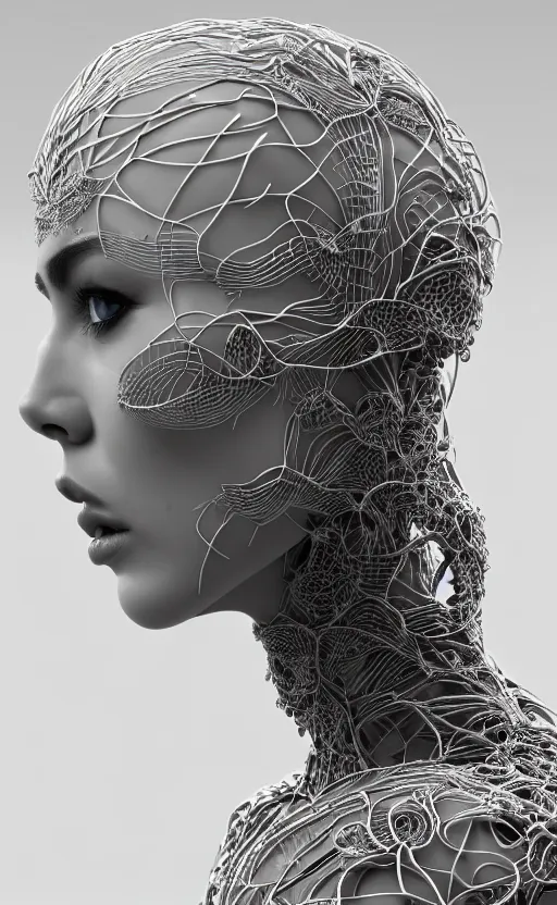 Prompt: complex 3d render of a beautiful profile woman face, vegetal dragon cyborg, 150 mm, beautiful natural soft light, rim light, silver details, magnolia stems, roots, fine lace, maze like, mandelbot fractal, anatomical, facial muscles, cable wires, microchip, elegant, highly detailed, white metallic armour, octane render, black and white, H.R. Giger style