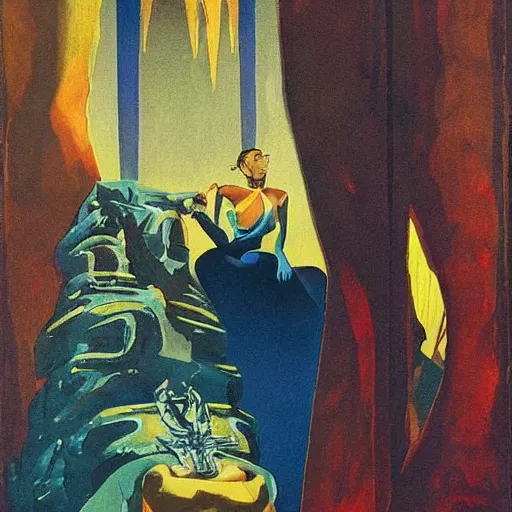 Image similar to an oil painting of a queen in a thierry mugler dress sitting on a throne, by bruce pennington, by ( ( ( eyvind earle ) ) ), nicholas roerich!!, by frank frazetta, by georgia o keeffe, by dean cornwell!!!, eerie, ominous, baghdad, oriental