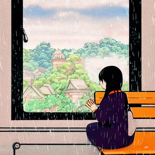 Image similar to girl, train window, rainy day, anime, japan, ghibli, 9 0 s, retro style, aesthetic, chill, room