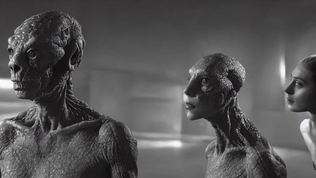 Prompt: movie scene of a human girl and a reptilian humanoid, reptile, reptilian, movie still, cinematic composition, cinematic light, criterion collection, re imagined by industrial light and magic, no B/W, Movie by David Lynch