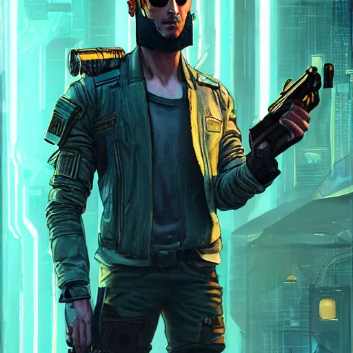 Image similar to Ezra. cyberpunk mercenary smoking a cigar. Style of James Gurney and Mœbius. (Cyberpunk 2077. Blade Runner. Apex Legends. The matrix)