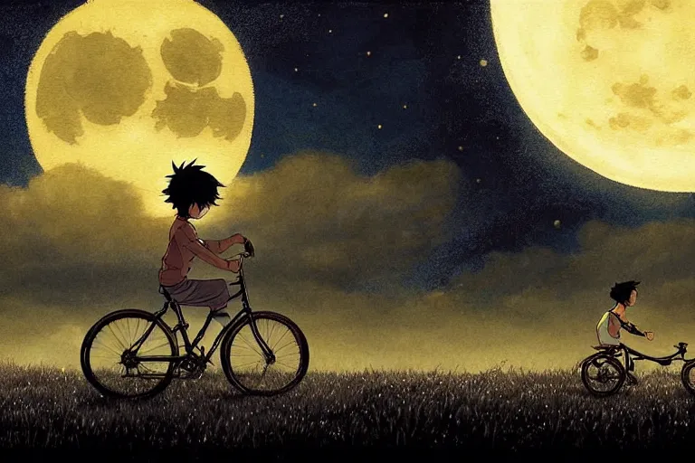 Prompt: a boy riding his bike alone at night full moon, high intricate details, rule of thirds, golden ratio, cinematic light, anime style, graphic novel by fiona staples and dustin nguyen, by beaststars and orange, peter elson, alan bean, studio ghibli, makoto shinkai