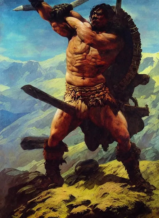 Image similar to portrait of barbarian on mountain, coherent! by mariusz lewandowski, by frank frazetta, deep color, strong line, high contrast