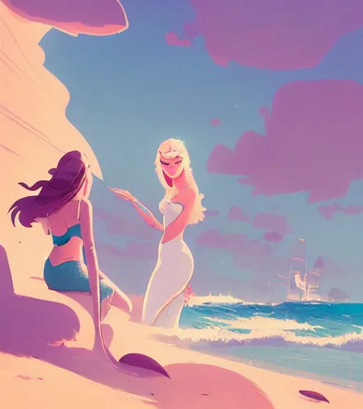 Image similar to a princess and a mermaid on the beautiful beach by atey ghailan, by greg rutkowski, by greg tocchini, by james gilleard, by joe fenton, by kaethe butcher, dynamic lighting, gradient light blue, brown, blonde cream and white color scheme, grunge aesthetic