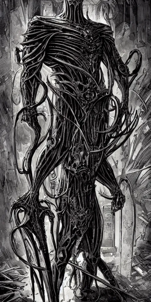 Prompt: A full body portrait of a new antihero character art by Marc Silvestri, Cedric Peyravernay and H.R. Giger, cosmic horror, ominous, mysterious