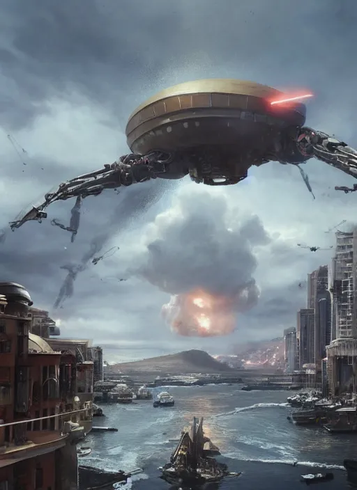 Image similar to hyper realistic squid robot attacking cape town city, table mountain explosions, atmospheric beautiful details, strong composition painted by kim jung giu weta studio rutkowski, james gurney and greg rutkowski, and lucasfilm