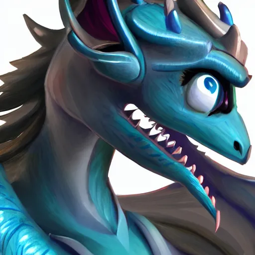 Image similar to close-up bust of a cute and beautiful anthropomorphic female robot dragon doing an elegant pose for the camera, has two adorable blue eyes, a sleek yet elegant design, with two big epic wings behind her, two arms that have sharp claws, two legs, a long tail behind her; high quality digital art, artstation, deviantart, furaffinity