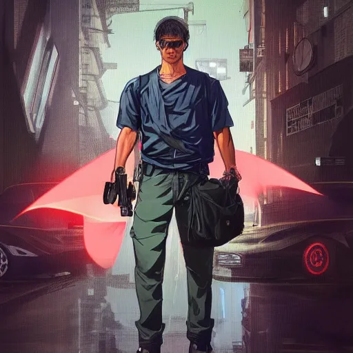 Image similar to [UHD Merlin as a GTA character on the streets of futuristic laserpunk Dallas, correct face, intricate facial details, symmetrical face, elegant, graphic detail, digital painting, trending on artstation, concept art, tonalism, sharp focus, illustration, art by Akira Toriyama and Greg Rutkowski and Alphonse Mucha]