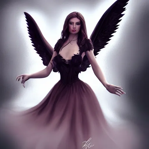 Image similar to perfectly - centered - portrait - photograph of an evil fallen angel wearing a dress, the perfect human female specimen, intricate, elegant, super highly detailed, professional digital painting, artstation, concept art, smooth, sharp focus, no blur, no dof, extreme illustration, unreal engine 5, 8 k, by anne stokes