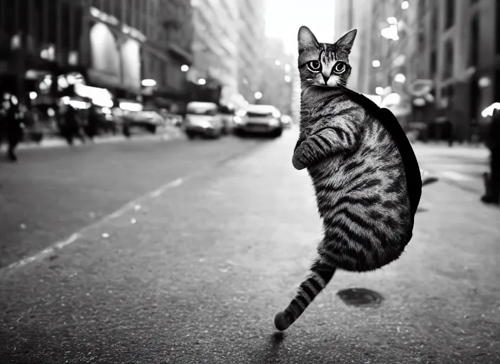 Image similar to photography of a Cat being carried in an half open backpack . in a new york street. award winning photo, led lighting, night, 130mm, sharp, high res