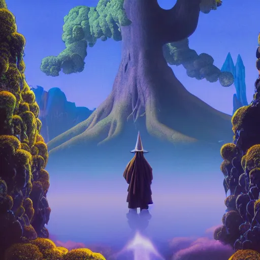 Image similar to a magical wizard in front of a big and mystical of a big and structured fantasy kingdom city, god rays, giant tree, portal to outer space Maxfield Parrish, digital art 8k, trending on artstation, anime, unreal engine