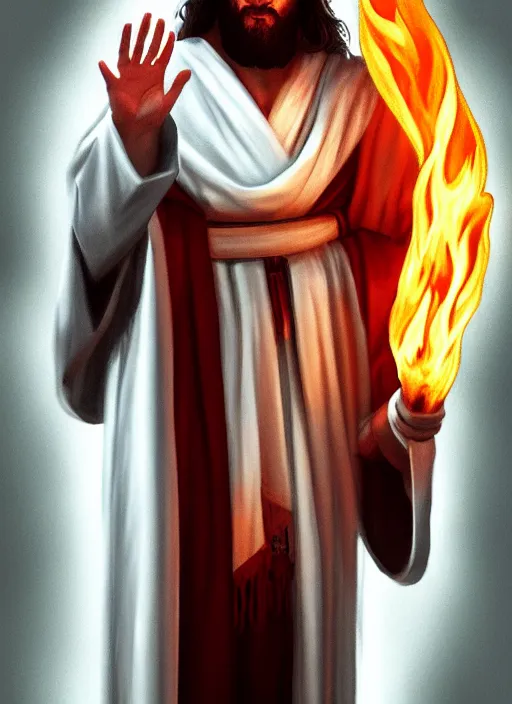 Image similar to « full length portrait of the white - tailed jesus in a white robe and flame in eyes, seven stars in right hand, grim - lighting, high - contrast, intricate, elegant, highly detailed, digital painting, artstation, concept art, smooth, sharp focus, illustration »