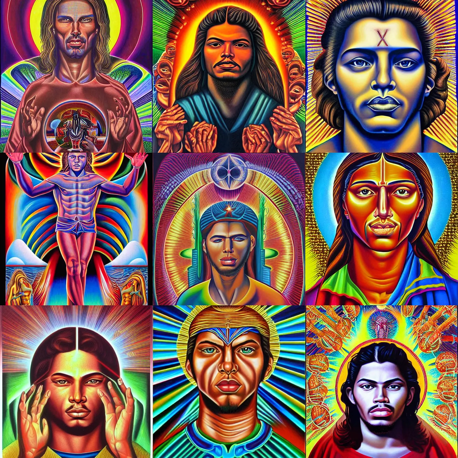 Prompt: young che guavara painting by alex grey in the style of cosmic christ by alex grey