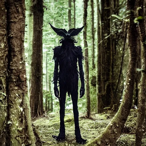 Prompt: standing werecreature consisting of a human and crow, photograph captured in a forest