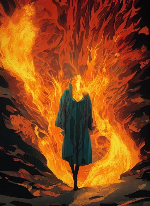 Image similar to poster artwork by Michael Whelan and Tomer Hanuka, Karol Bak of semi truck on side exploding woman walks away from the flames, from scene from Twin Peaks, clean