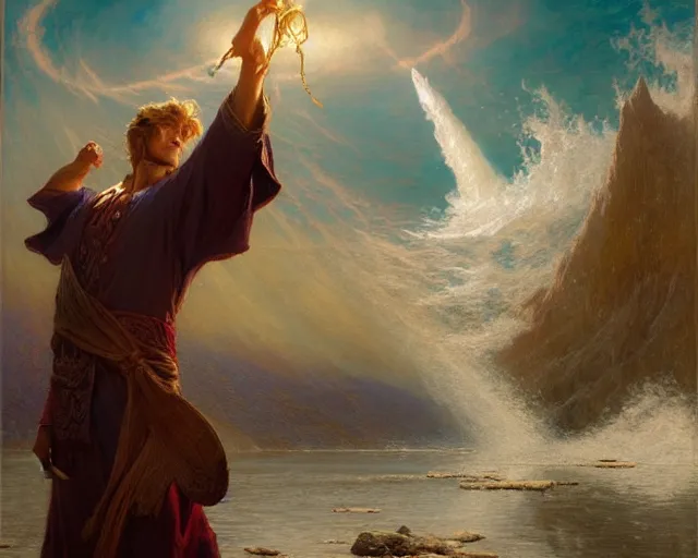 Image similar to attractive male wizard casting powerful giant tsunami spell in a beautiful lake. highly detailed painting by gaston bussiere, craig mullins, j. c. leyendecker 8 k