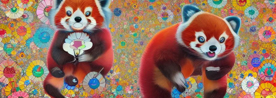 Prompt: red panda by takashi murakami,, beeple and james jean, aya takano color style, 4 k, super detailed, night sky, digital art, digital painting, celestial, majestic, colorful