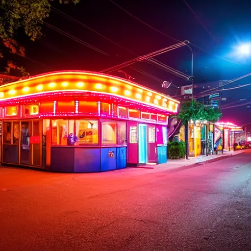 Prompt: an empty street at night showing an 80's diner with colorful lights, the diner lights up the street, 8k