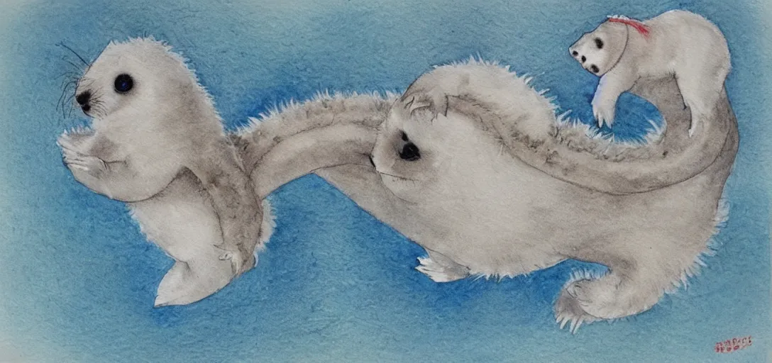 Prompt: “A pencil and watercolor paining of a baby harp seal riding a Chinese dragon”