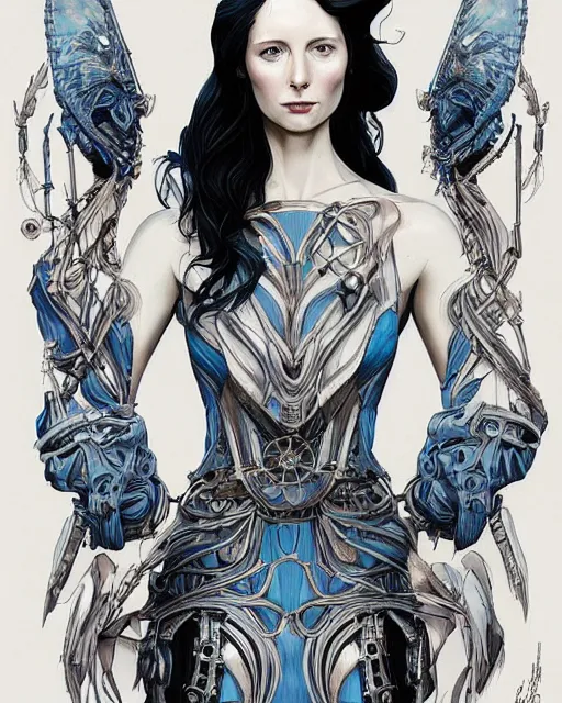 Image similar to in the style of joshua middleton, artgerm, beautiful caitriona balfe, steampunk, full body, blue dress, elegant pose, middle shot, spooky, symmetrical face, symmetrical eyes, detailed realisitc eyes, detailed realistic eyes, detailed and intricate