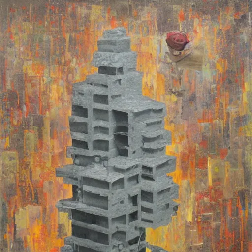 Prompt: an impasto maximalist painting by shaun tan of an abstract forgotten sculpture by the caretaker and ivan seal