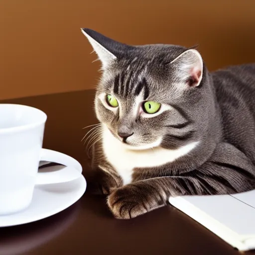 Prompt: cat facing the camera working with notebook and a coffee cup is on the desk