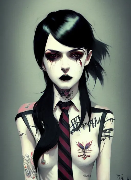 Image similar to ultradetailed beautiful panting of a stylish goth woman wearing a shirt with a tie, tattoos, she has black hair, distressed, by greg rutkowski, ashley wood, makoto shinkai, ilya kuvshinov, on artstation