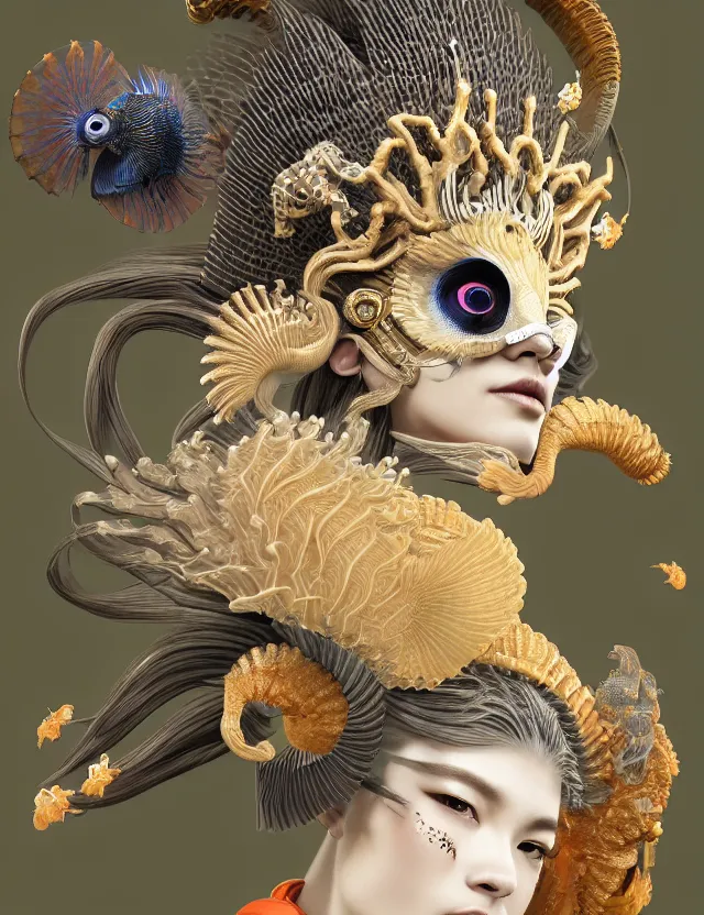 Image similar to 3 d goddess close - up profile portrait with crown, ram skull. beautiful intricately detailed japanese crow kitsune mask and clasical japanese kimono. betta fish, jellyfish phoenix, bio luminescent, plasma, ice, water, wind, creature, artwork by tooth wu and wlop and beeple and greg rutkowski