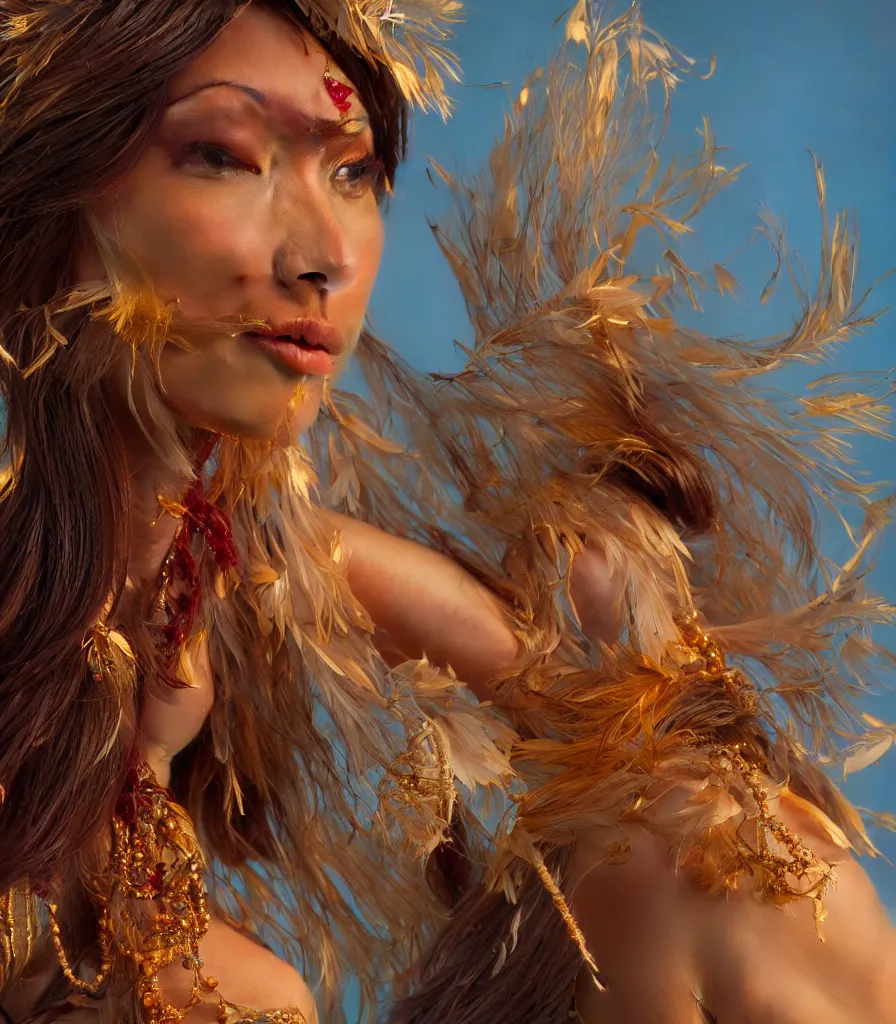 Prompt: closeup photoshoot of asian goddess of bliss and honey, feathers hair, silk flowing in wind, totemic ritualistic tarot sigils embedded in ruby skin, photoreal, unreal engine, redshift render, trending on artstation