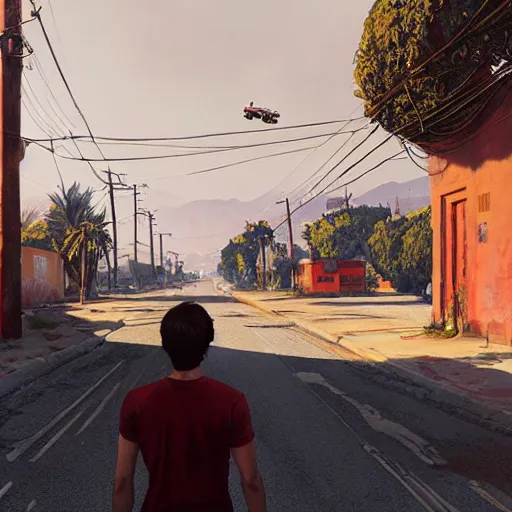 Image similar to highly detailed red oil - on its side in gta v, in a empty town in mexico, stephen bliss, unreal engine, fantasy art by greg rutkowski, loish, rhads, ferdinand knab, makoto shinkai and lois van baarle, ilya kuvshinov, rossdraws, tom bagshaw, global illumination, detailed and intricate environment