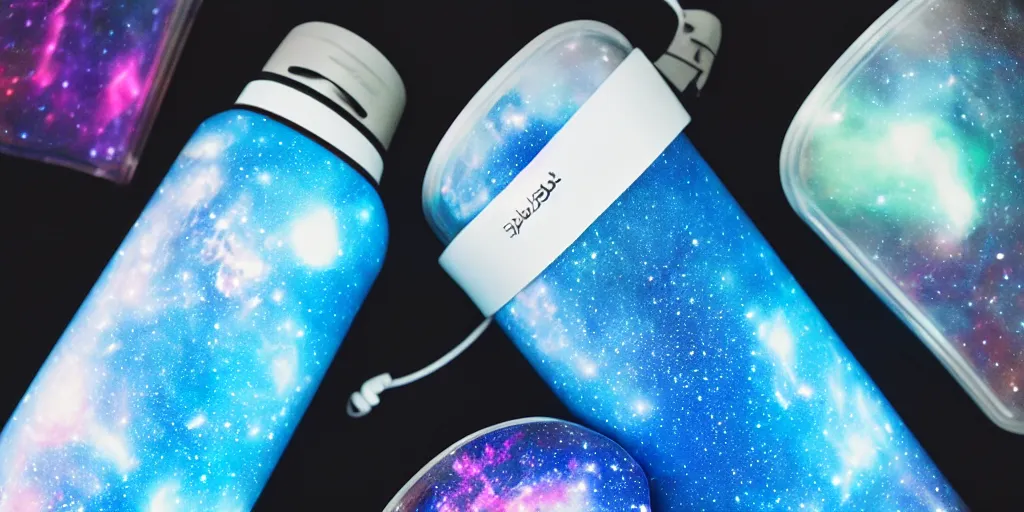 Image similar to hydro Flask, space, galaxy, glow, neon, closeup,