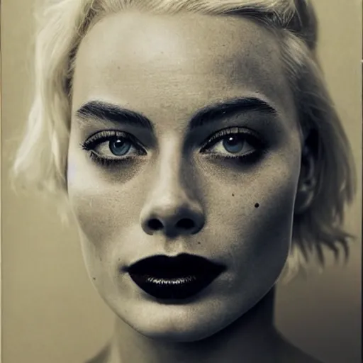 Prompt: photo of margot robbie, full platinum blond, bleached eyebrows, pale skin, freckle, by joel peter witkin, realistic, high detail, high quality, trending on pinteresst