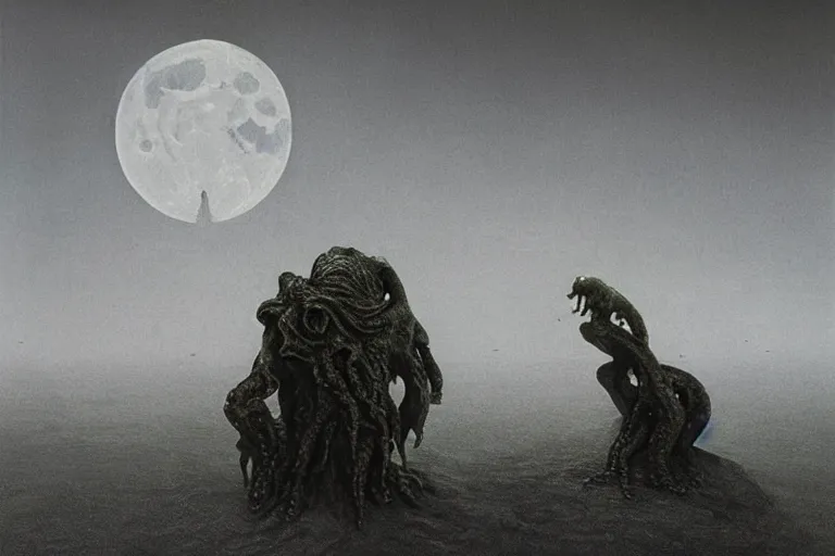 Prompt: Cthulhu on lunar horizon by Zdzislaw Beksinski, photorealistic, medium plastic and metal, steel