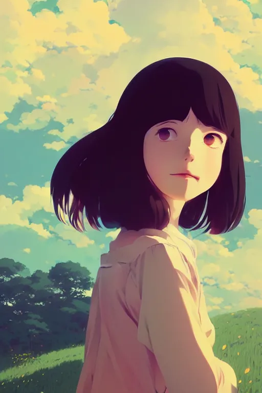 Image similar to portrait of a smiling girl by ilya kuvshinov, cloudy sky background lush landscape ln illustration concept art anime key visual trending pixiv by victo ngai fanbox by greg rutkowski makoto shinkai takashi takeuchi studio ghibli