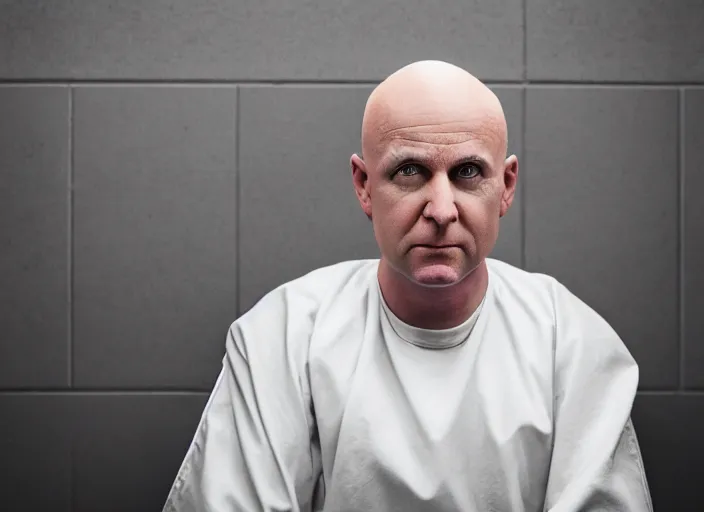 Prompt: photo of bald!!! donald trump!!! shaved head no hair!!! no hair!!! sitting in a jail cell wearing an orange jumpsuit, defocused bars in the foreground, 8 k, 8 5 mm f 1. 8