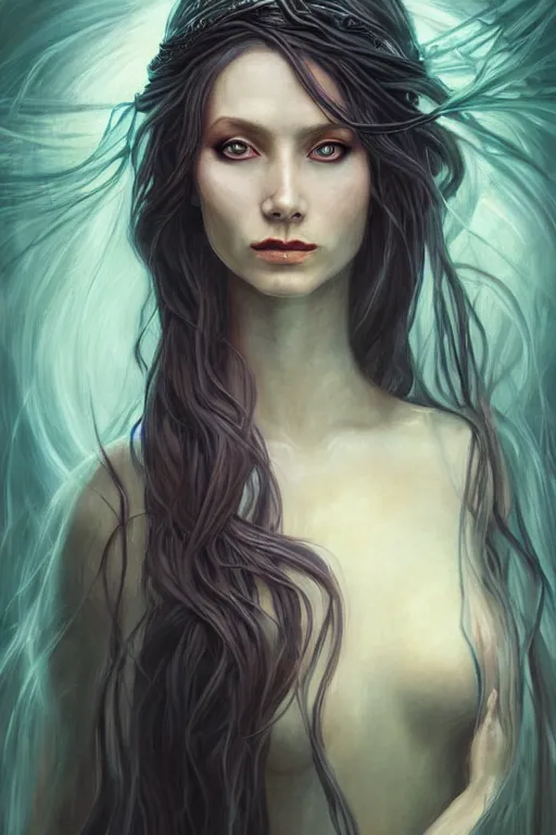 Image similar to portrait of a female wizard in flowing sensual dress, long flowing hair, delicate, looking at camera, slightly smiling, realistic face, stylish, elegant, grimdark fantasy, extremely detailed painting inspired by Gerald Brom and Simon Stalenhag, studio lighting