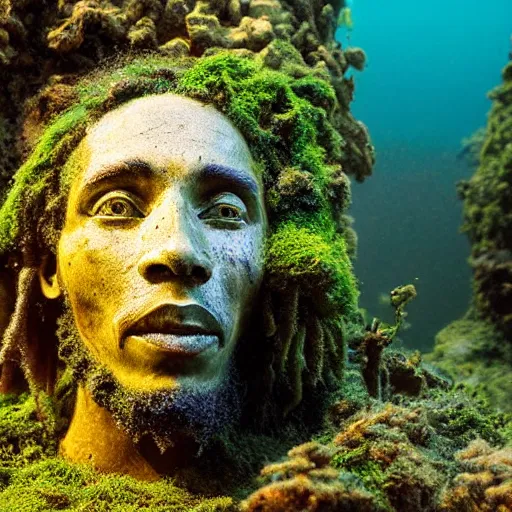 Prompt: Award-winning photograph by Mar Mann. The photo depicts a decaying roman bust of Bob Marley overgrown with moss at the bottom of the sea in the middle of ruins of civilization. Minimalism, high definition, perfect composition. Deep sea picture. Very dark. Volumetric Lighting. Fish. Darkness. Ruins