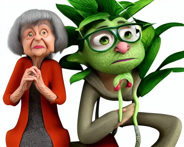 Image similar to detailed cartoon portrait of an old lady and her plant cat, 3d pixar, sharp high quality