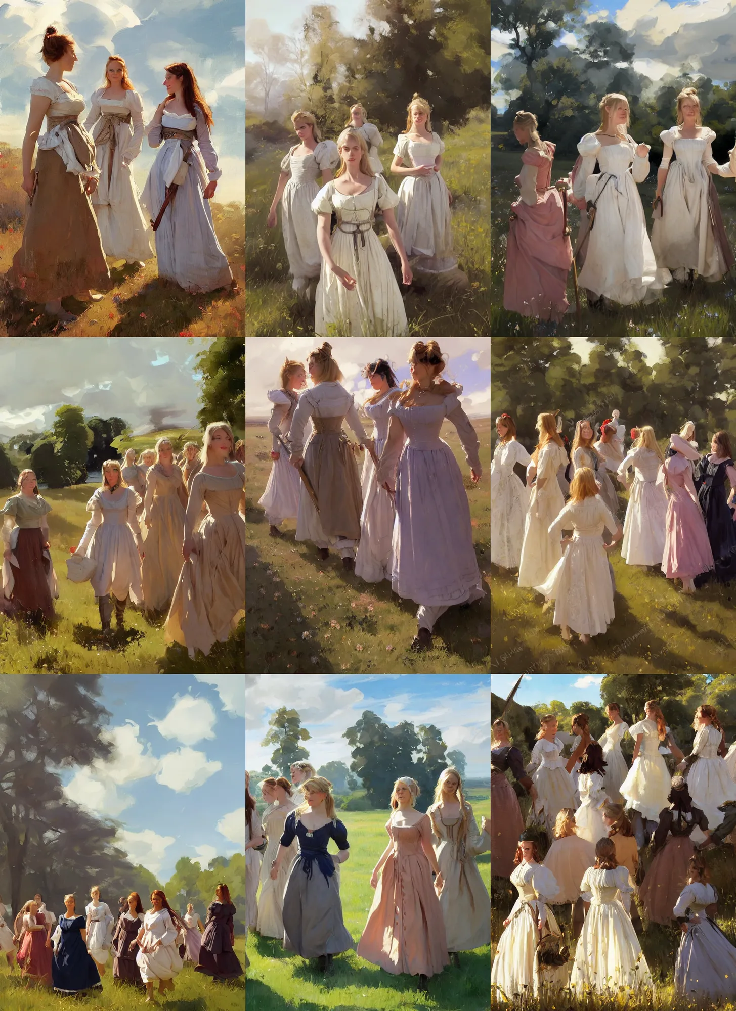 Prompt: group of finnish norwegian swedish scandinavian attractive glamour models as village maidens wearing 1 7 th century bodice with low neckline walking in the field in a sunny day, jodhpurs greg manchess painting by sargent and leyendecker, studio ghibli fantasy medium shot asymmetrical intricate elegant matte painting illustration hearthstone, by greg rutkowski by greg tocchini by james gilleard