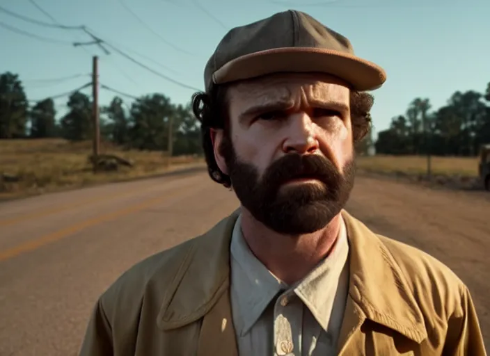 Image similar to film still of jim hopper as dustin henderson in stranger things, 8 k