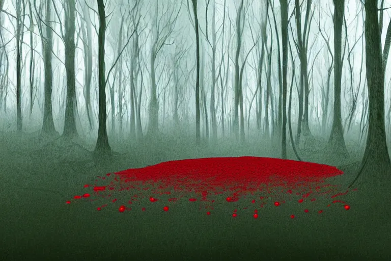 Prompt: blood raining on forest with trees made out of bones with pearl leaves, digital art