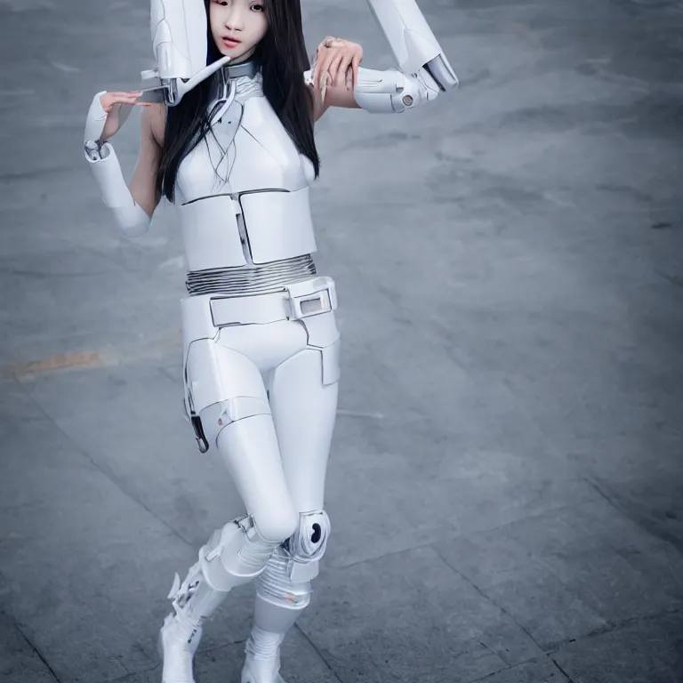 Image similar to high quality photograph of a futuristic asian cyborg girl, fashionable white outfit, blue skin, neotenous, kpop idol apperance, 4 k, portra 4 0 0, 3 5 mm, award winning photography