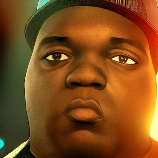 Prompt: Portrait of Biggie Smalls in GTA IV, splash art, movie still, cinematic lighting, dramatic, octane render, long lens, shallow depth of field, bokeh, anamorphic lens flare, 8k, hyper detailed, 35mm film grain