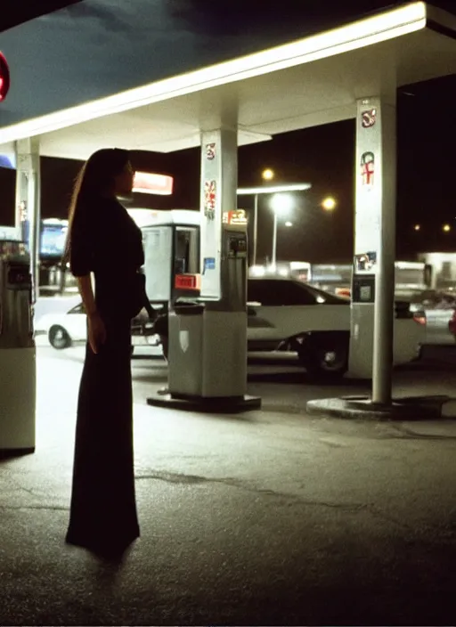 Prompt: a pov, color cinema film still of kylie jenner standing at a gas station, ambient lighting at night, from better call saul ( 1 9 9 9 ).